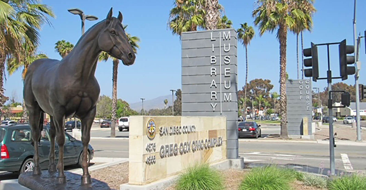 The new horse statue is located at the “Greg Cox Civic Complex” (the Bonita County Library and Museum & Cultural Center complex) across from the Vons Shopping Center.